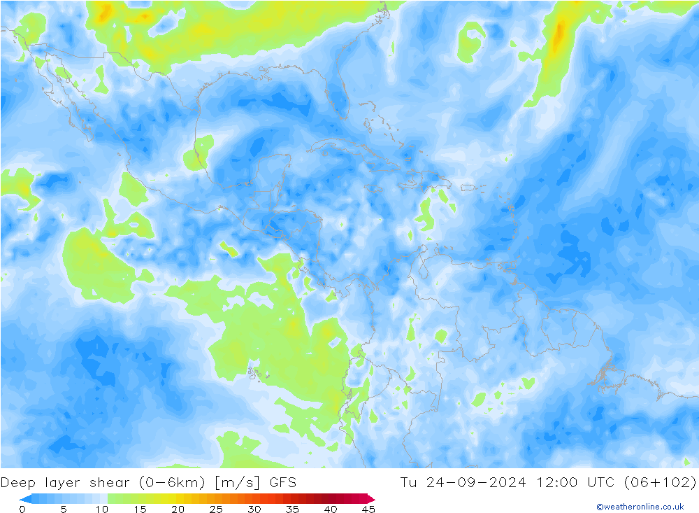 Deep layer shear (0-6km) GFS Tu 24.09.2024 12 UTC