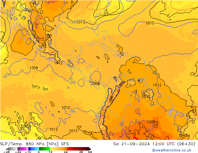 SLP/Temp. 850 hPa GFS sáb 21.09.2024 12 UTC