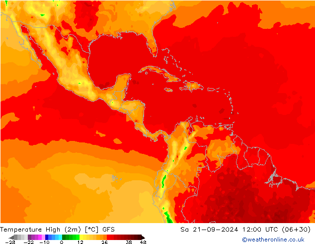 Temperatura máx. (2m) GFS sáb 21.09.2024 12 UTC