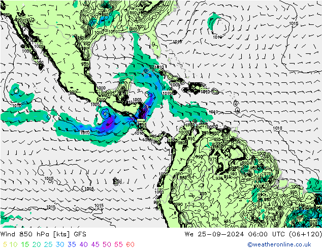 Wind 850 hPa GFS wo 25.09.2024 06 UTC