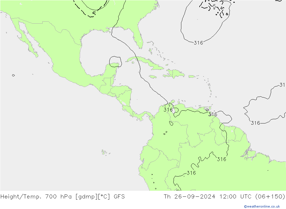 Height/Temp. 700 гПа GFS чт 26.09.2024 12 UTC