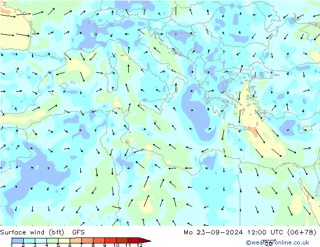 Vento 10 m (bft) GFS lun 23.09.2024 12 UTC