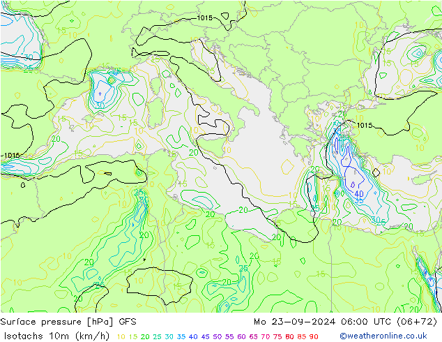 Isotachs (kph) GFS Mo 23.09.2024 06 UTC