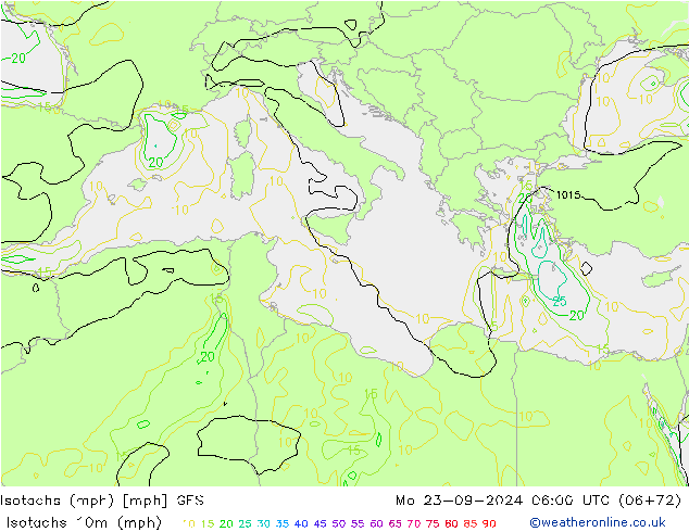 Isotachs (mph) GFS Mo 23.09.2024 06 UTC