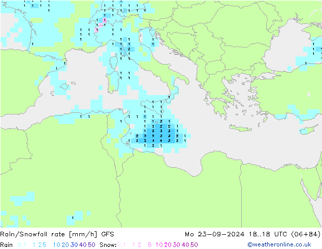 Rain/Snowfall rate GFS lun 23.09.2024 18 UTC