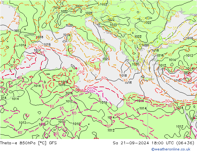 Theta-e 850hPa GFS sáb 21.09.2024 18 UTC