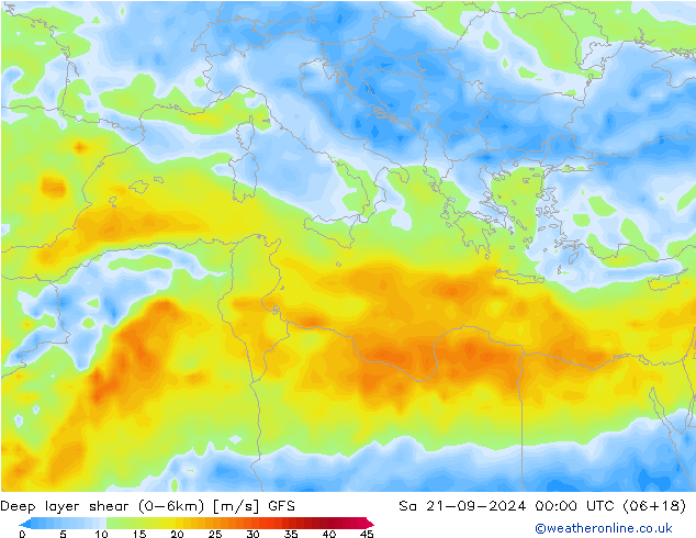 Deep layer shear (0-6km) GFS za 21.09.2024 00 UTC