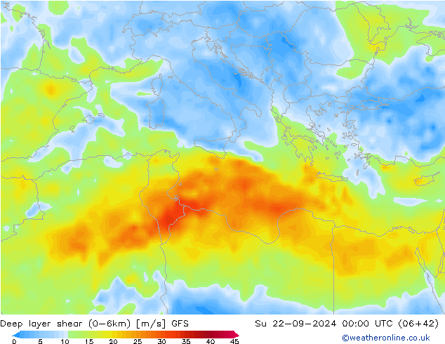 Deep layer shear (0-6km) GFS nie. 22.09.2024 00 UTC