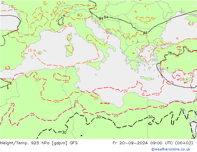 Height/Temp. 925 hPa GFS Pá 20.09.2024 09 UTC