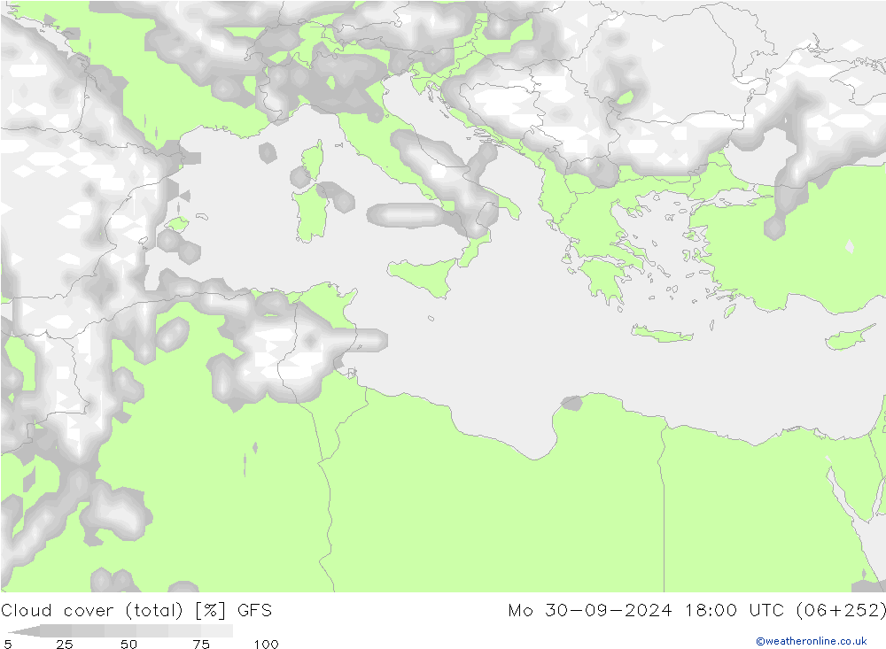 Nubes (total) GFS lun 30.09.2024 18 UTC