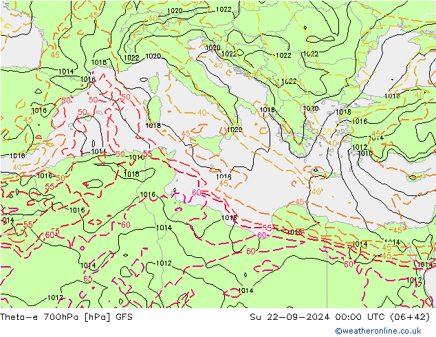 Theta-e 700hPa GFS nie. 22.09.2024 00 UTC