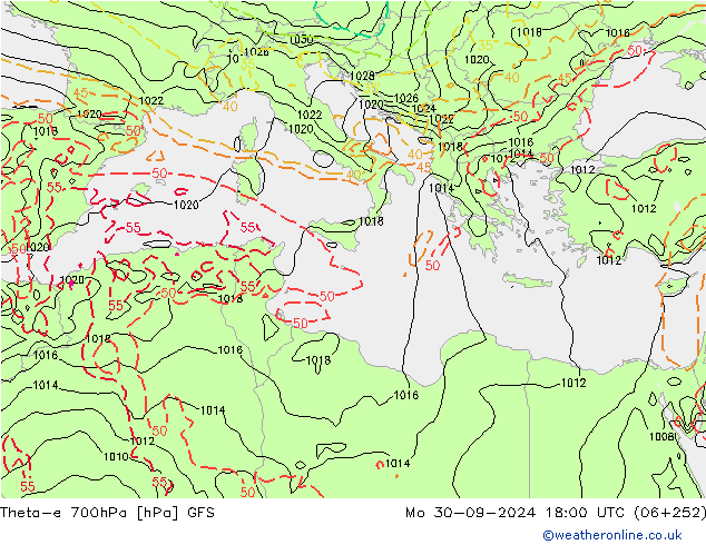 Theta-e 700hPa GFS Mo 30.09.2024 18 UTC