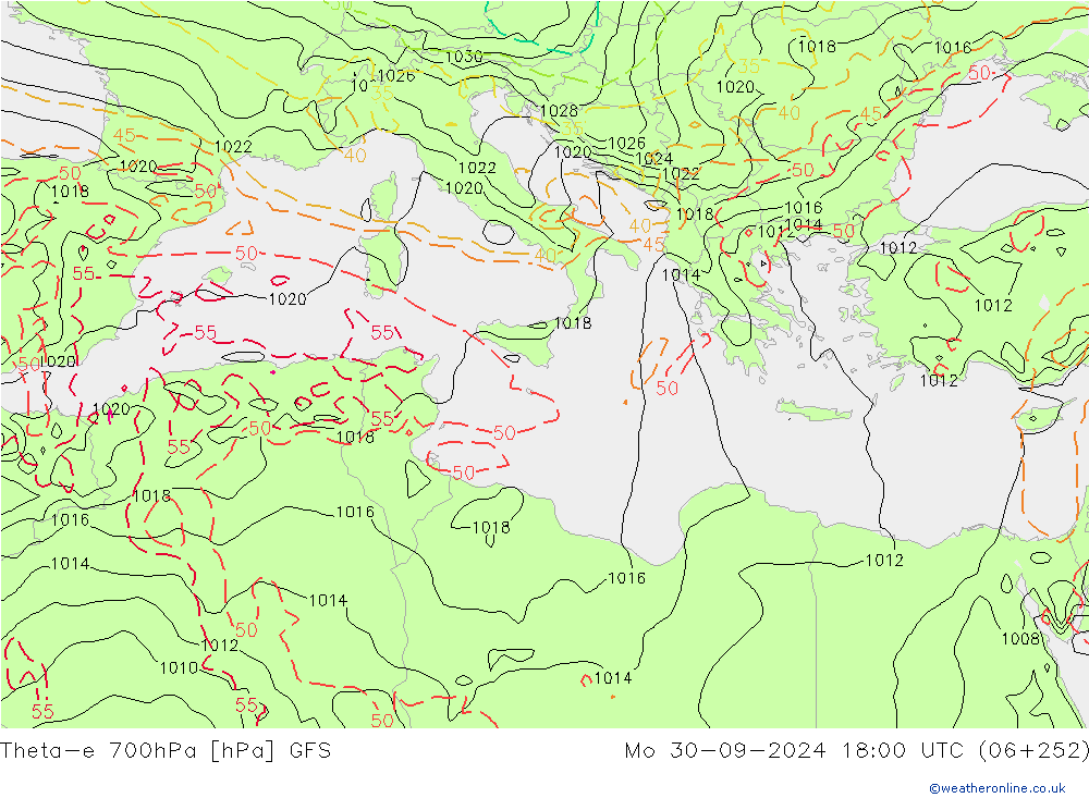 Theta-e 700hPa GFS Mo 30.09.2024 18 UTC