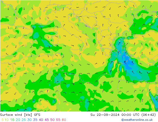 wiatr 10 m GFS nie. 22.09.2024 00 UTC