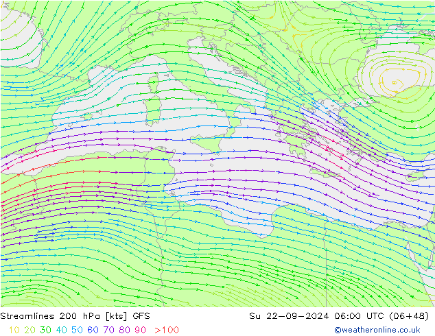 Linia prądu 200 hPa GFS nie. 22.09.2024 06 UTC