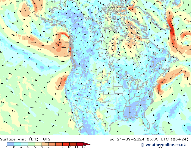 Vent 10 m (bft) GFS sam 21.09.2024 06 UTC