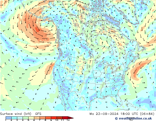 Wind 10 m (bft) GFS ma 23.09.2024 18 UTC