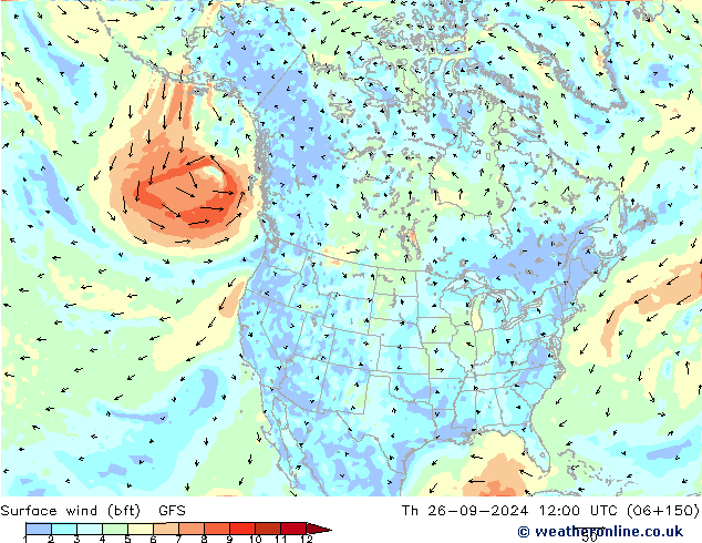 Surface wind (bft) GFS Th 26.09.2024 12 UTC