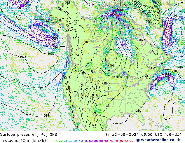 Isotachs (kph) GFS пт 20.09.2024 09 UTC