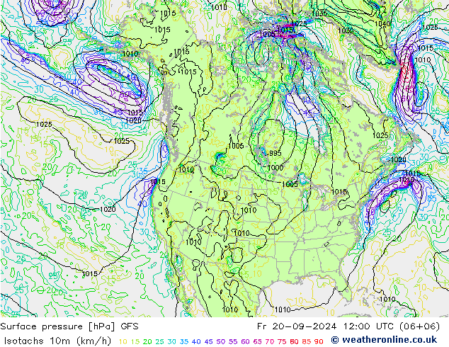 Isotachs (kph) GFS Pá 20.09.2024 12 UTC