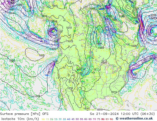 Isotachs (kph) GFS сб 21.09.2024 12 UTC