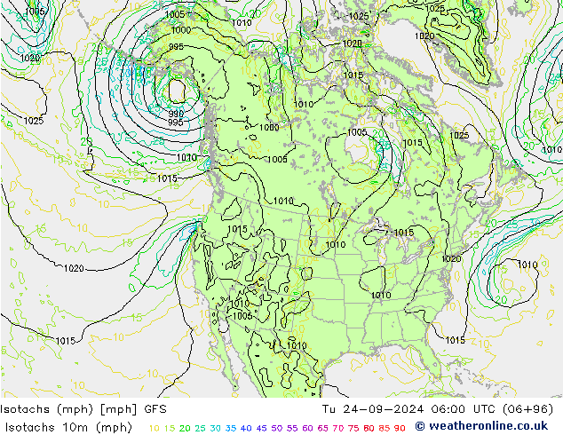 Isotachs (mph) GFS mar 24.09.2024 06 UTC