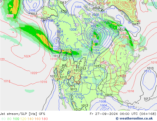 Jet stream/SLP GFS Fr 27.09.2024 06 UTC