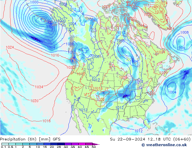 Precipitation (6h) GFS Su 22.09.2024 18 UTC