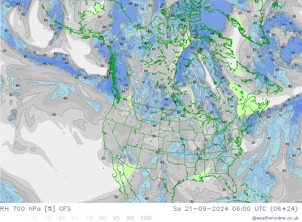 RH 700 hPa GFS Sa 21.09.2024 06 UTC