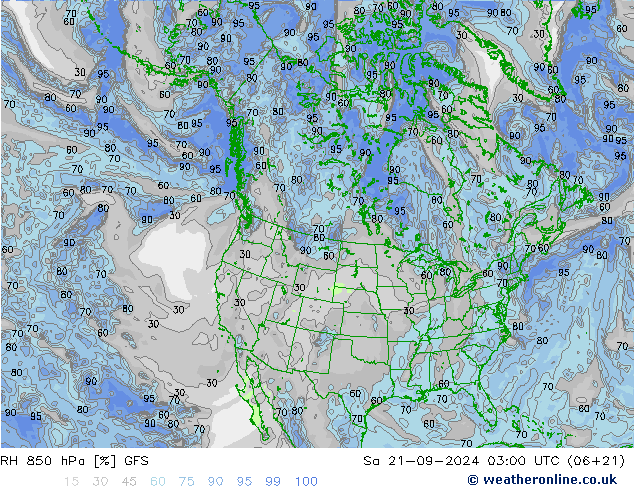 Humidité rel. 850 hPa GFS sam 21.09.2024 03 UTC