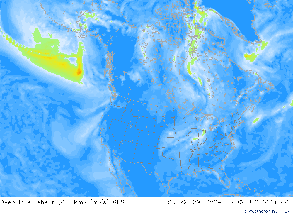 Deep layer shear (0-1km) GFS Вс 22.09.2024 18 UTC