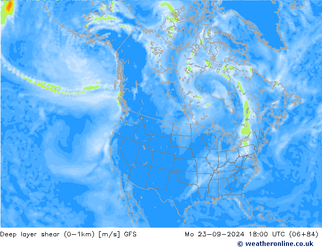 Deep layer shear (0-1km) GFS Mo 23.09.2024 18 UTC