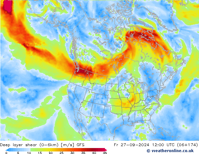 Deep layer shear (0-6km) GFS Pá 27.09.2024 12 UTC