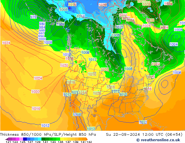 Thck 850-1000 hPa GFS nie. 22.09.2024 12 UTC