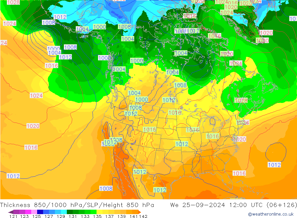 Espesor 850-1000 hPa GFS mié 25.09.2024 12 UTC