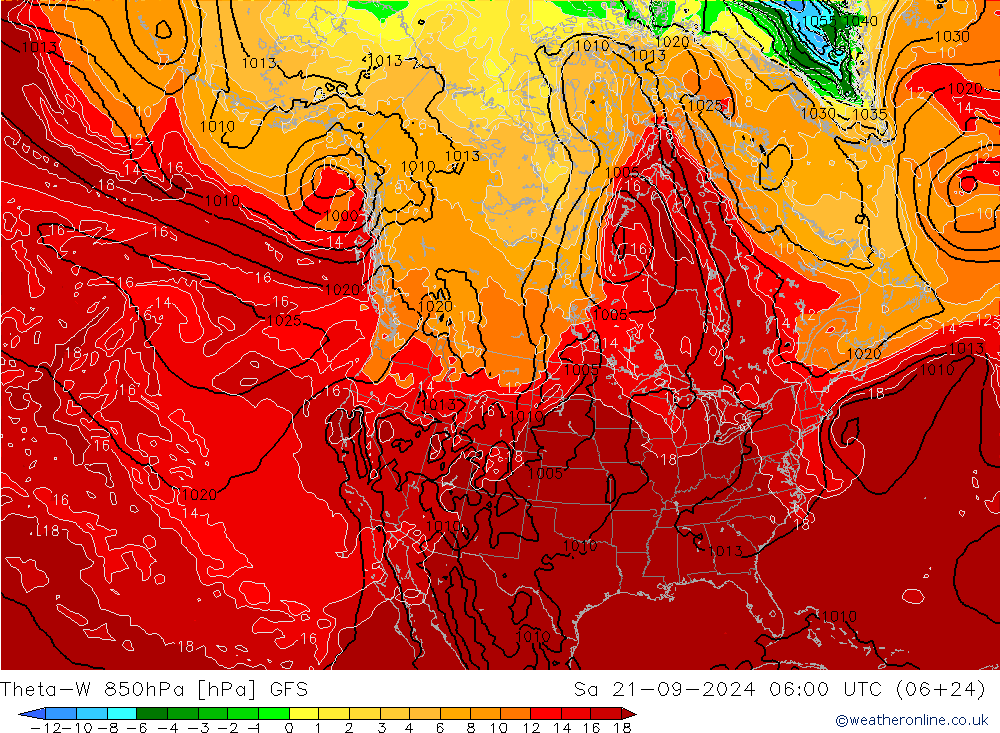 Theta-W 850hPa GFS sáb 21.09.2024 06 UTC