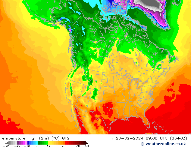 Temperature High (2m) GFS 星期五 20.09.2024 09 UTC