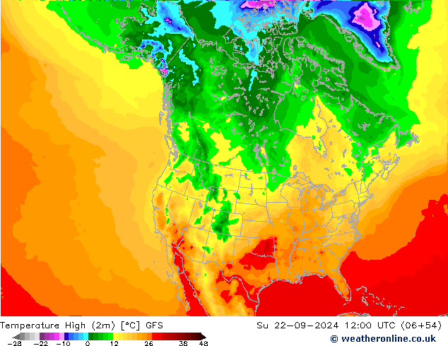 Nejvyšší teplota (2m) GFS Ne 22.09.2024 12 UTC