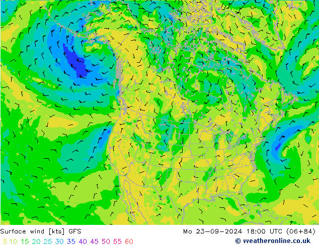 Rüzgar 10 m GFS Pzt 23.09.2024 18 UTC