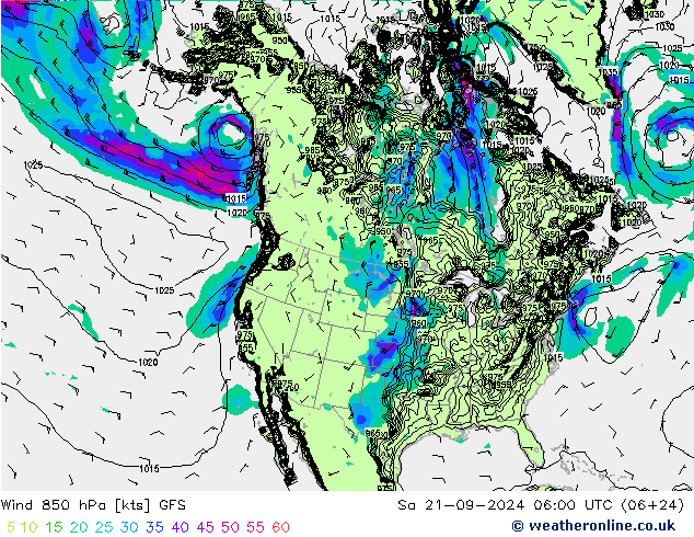 ветер 850 гПа GFS сб 21.09.2024 06 UTC