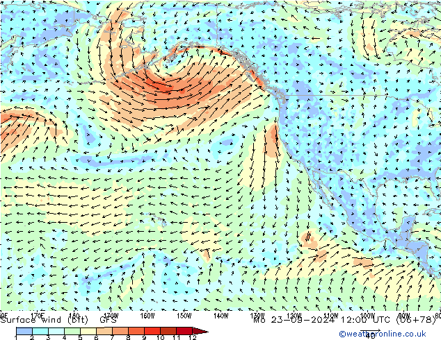 Rüzgar 10 m (bft) GFS Pzt 23.09.2024 12 UTC