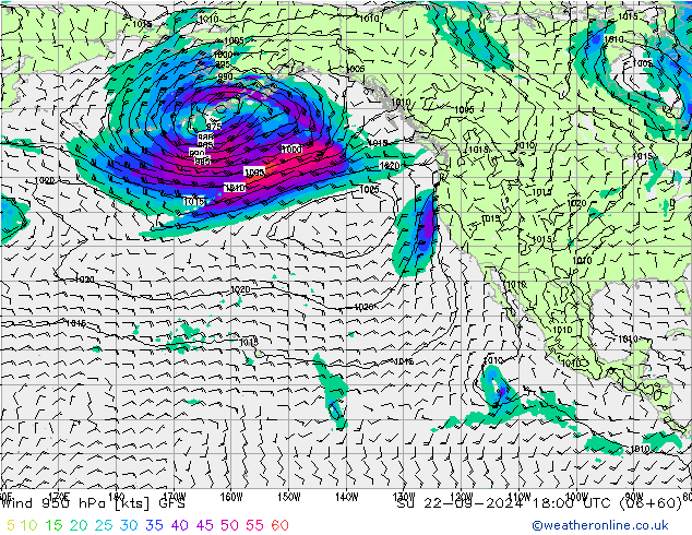 Wind 950 hPa GFS Su 22.09.2024 18 UTC