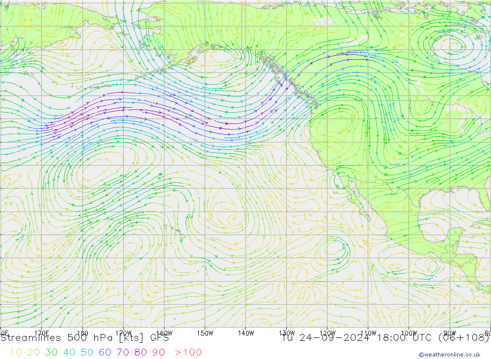 Streamlines 500 hPa GFS Út 24.09.2024 18 UTC