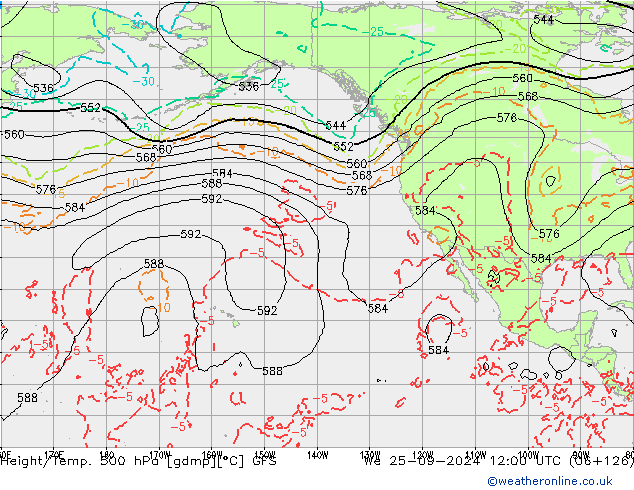 Z500/Rain (+SLP)/Z850 GFS mer 25.09.2024 12 UTC