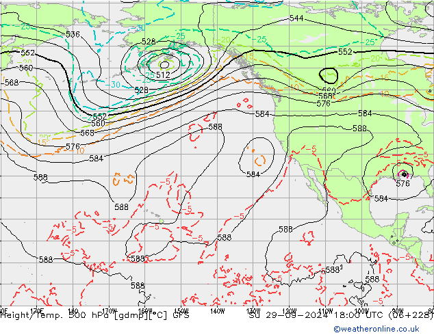 Z500/Yağmur (+YB)/Z850 GFS Paz 29.09.2024 18 UTC