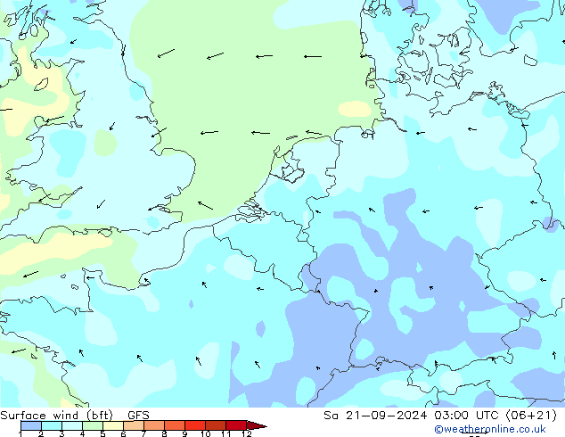 Surface wind (bft) GFS Sa 21.09.2024 03 UTC