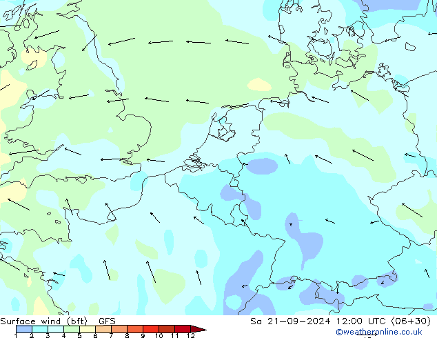 Surface wind (bft) GFS Sa 21.09.2024 12 UTC