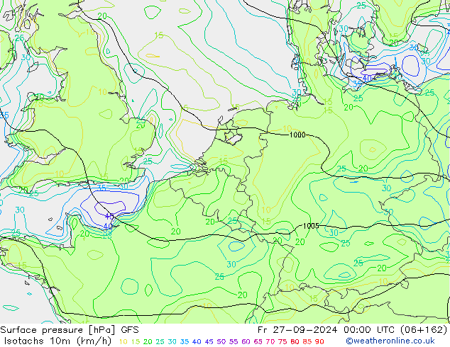 Isotachs (kph) GFS Sex 27.09.2024 00 UTC