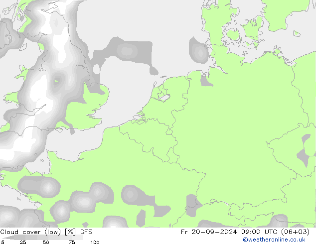 Cloud cover (low) GFS Fr 20.09.2024 09 UTC