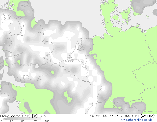 Cloud cover (low) GFS Su 22.09.2024 21 UTC